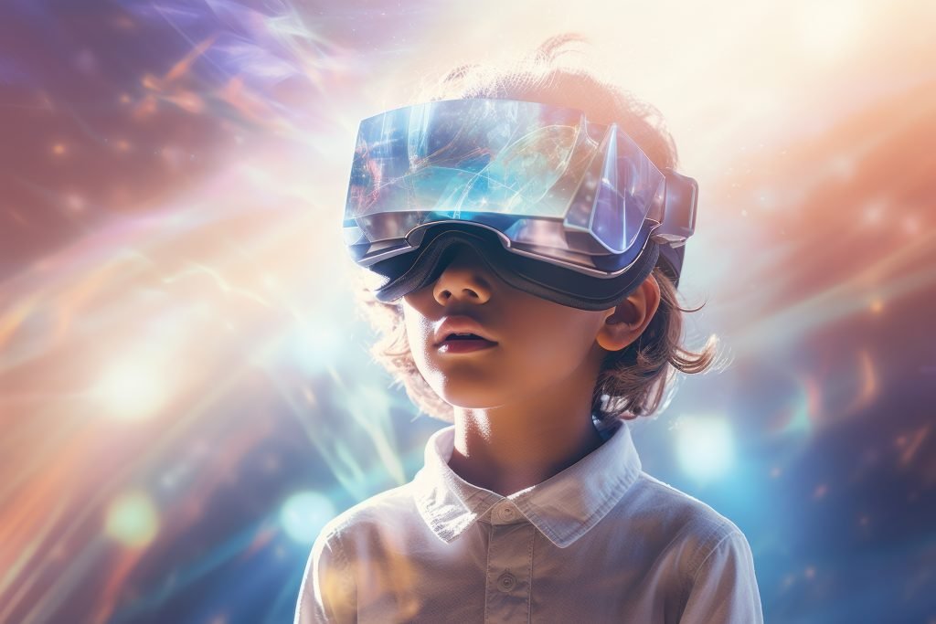 Kid or teen wear Vr headset in metaverse universe futuristic vir